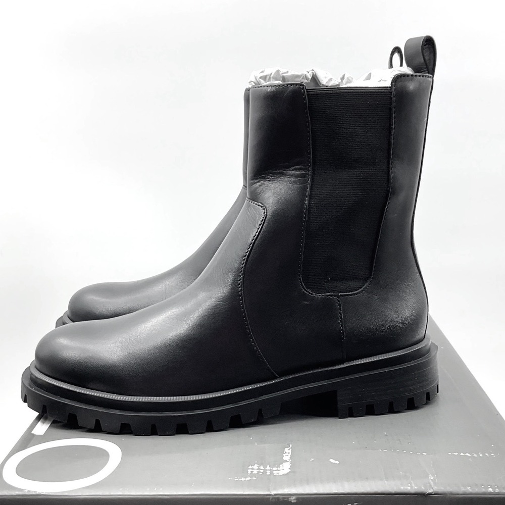 Arezzo Womens Black Leather Lug Sole Chelsea Boots Mid Calf Pull On Round Toe